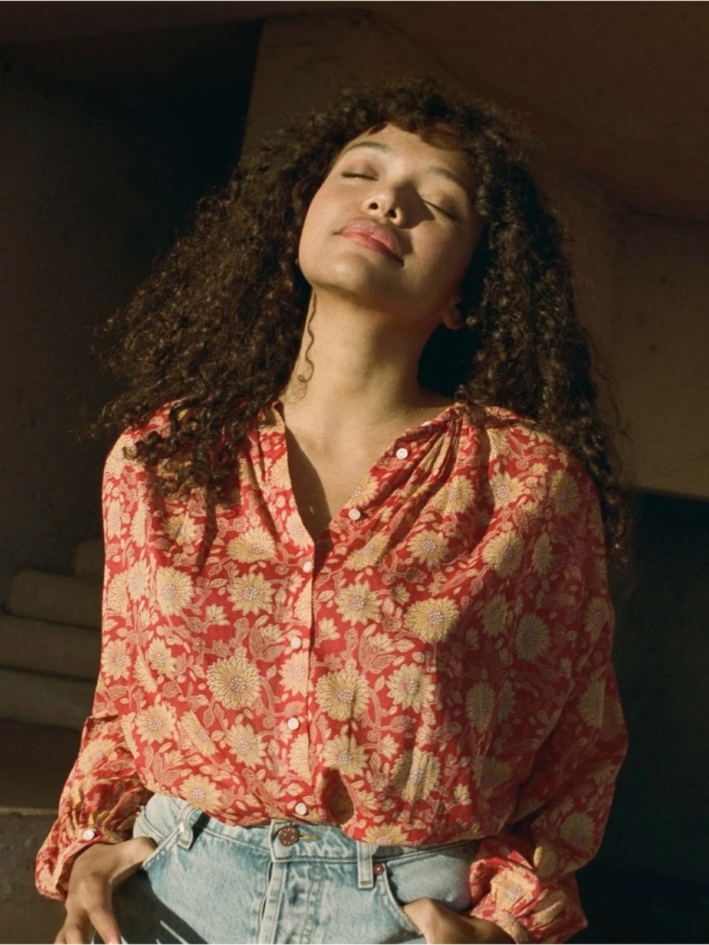 DÔEN The Jane Blouse in Desert Blooms Organic Cotton Floral Sheer Top Size XL